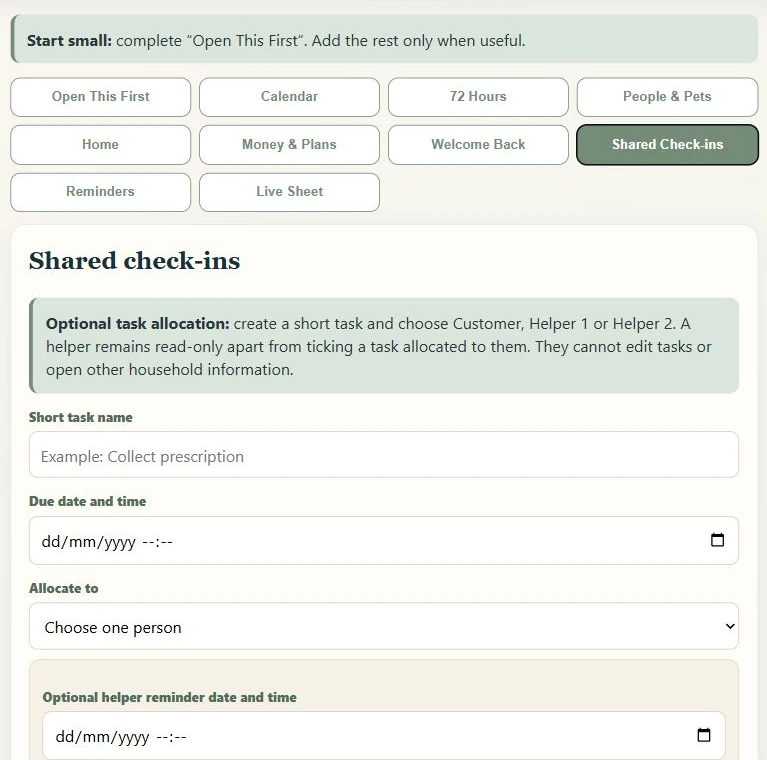Genuine Ready for Anything Handover Shared Check-ins screen showing fields for a short helper task