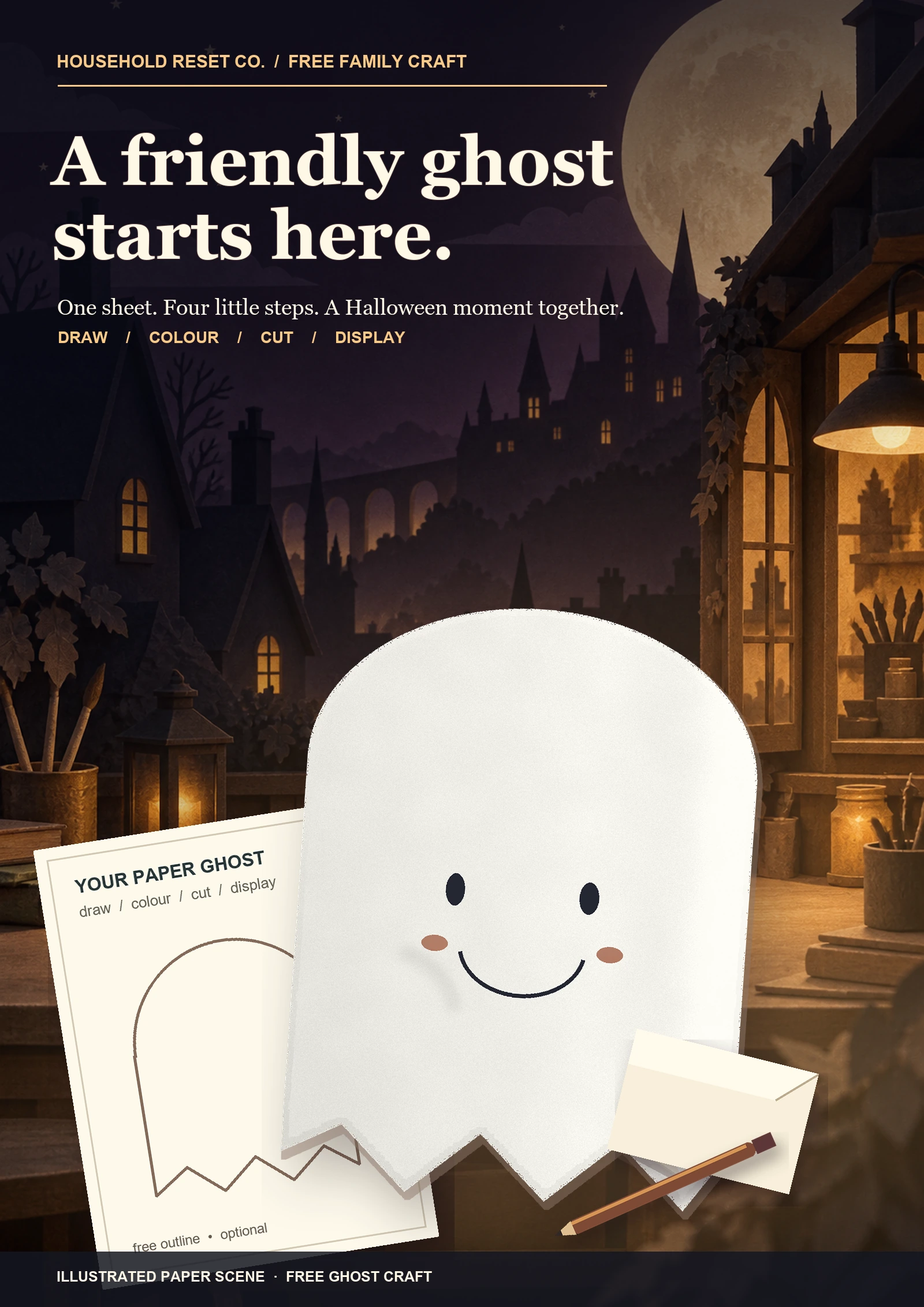 Illustrated cut-paper ghost beside the free outline in a warm Halloween workshop