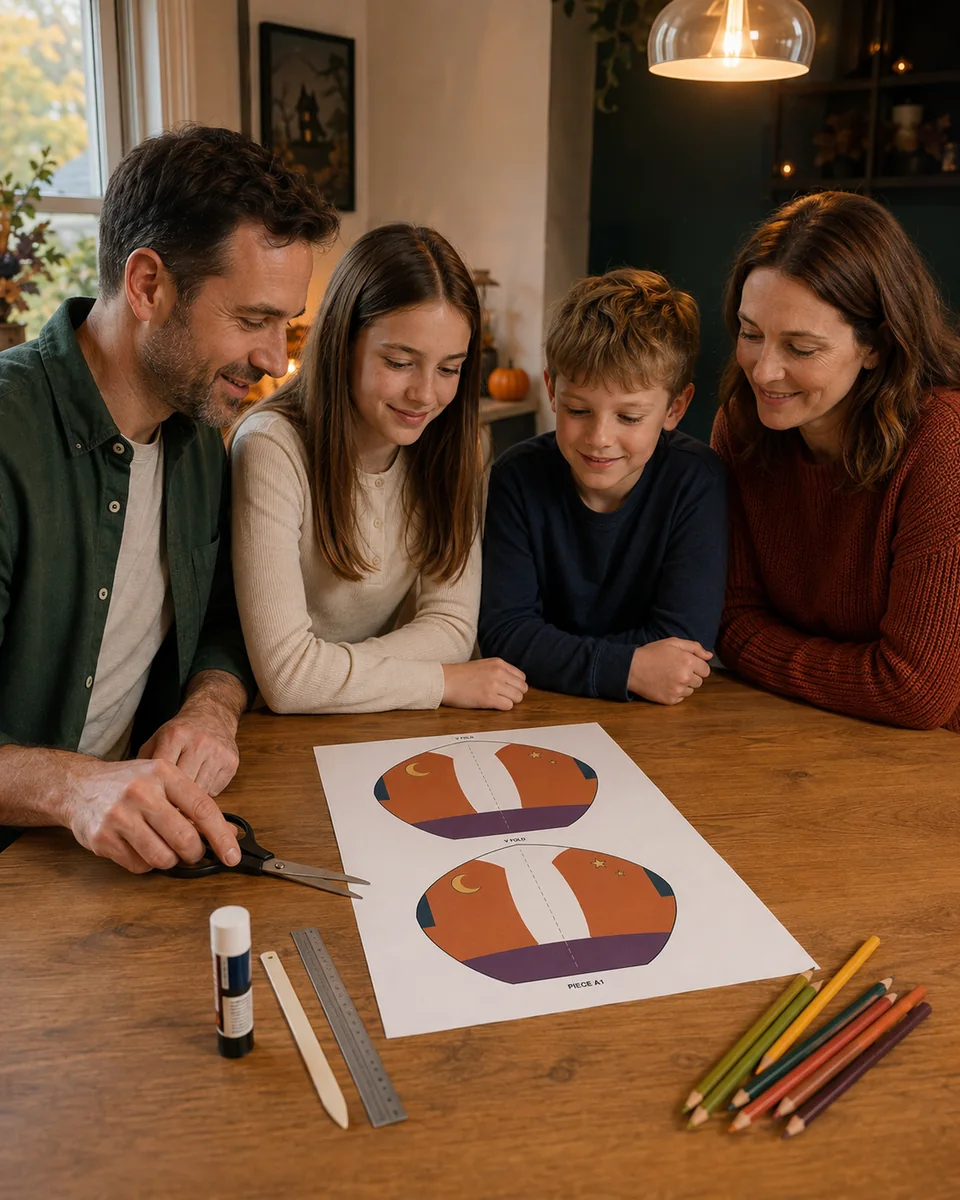 AI-assisted illustrative family gathered around a printed Mischief Pumpkin template with scissors, ruler, glue and colouring pencils