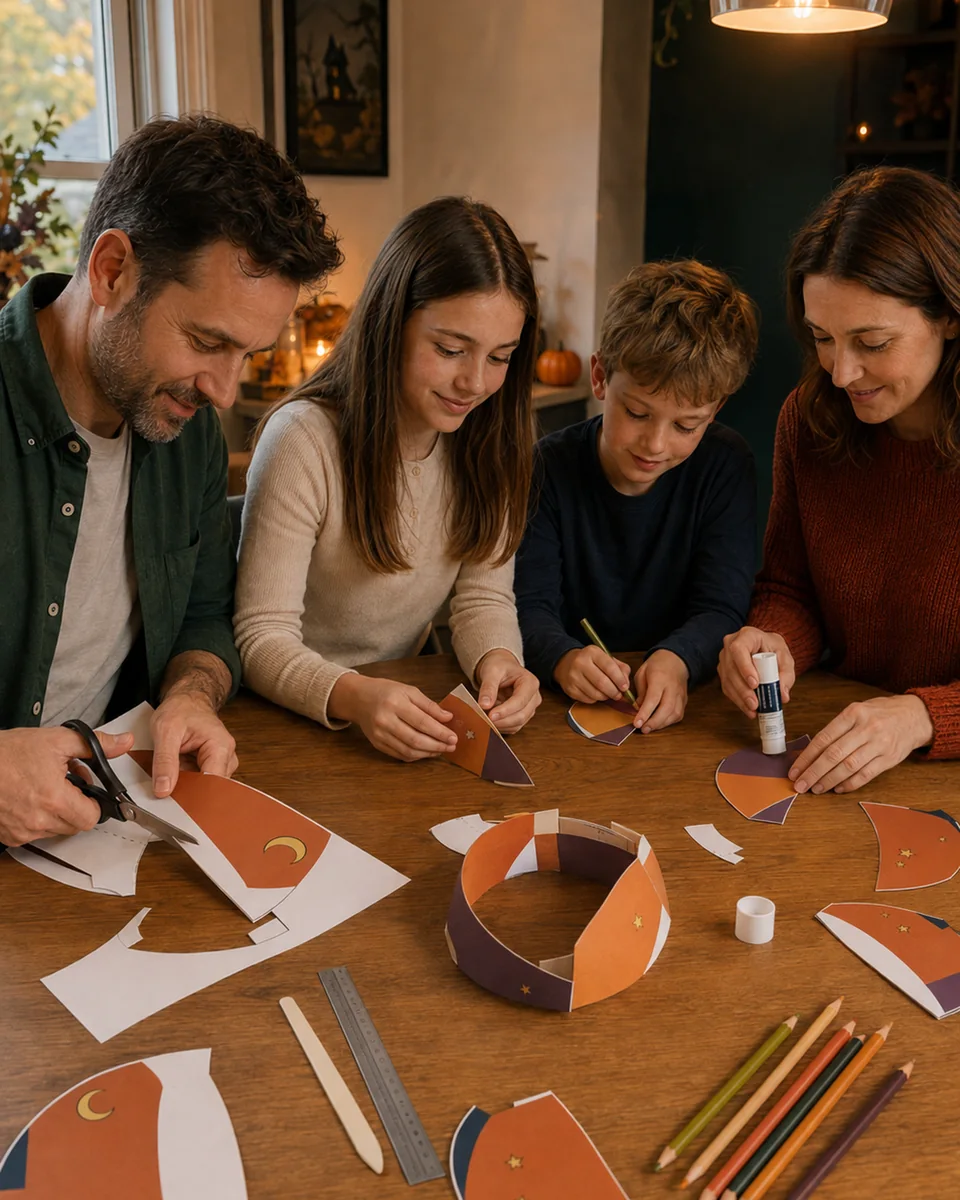 AI-assisted illustrative family cutting and folding orange and purple Mischief Pumpkin template pieces at a wooden table