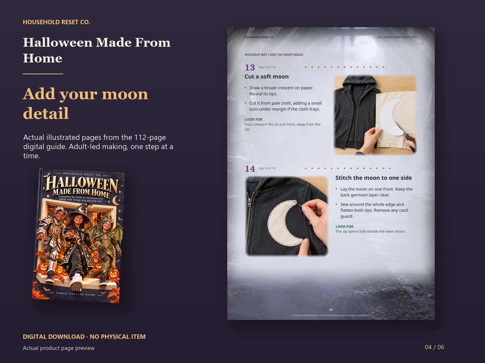 Actual guide page preview showing illustrations of cutting a fabric crescent and stitching it onto the costume. Shown beside the original cover on a coordinated dark background.