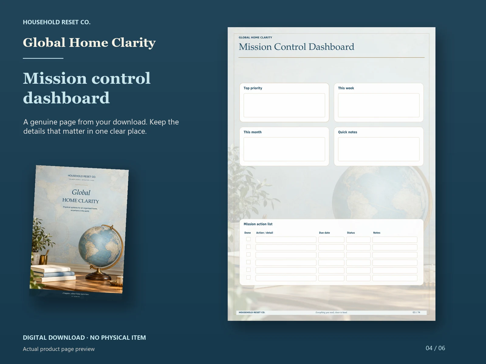 Actual guide page preview showing priority boxes and an action checklist. Shown beside the original cover on a coordinated dark background.