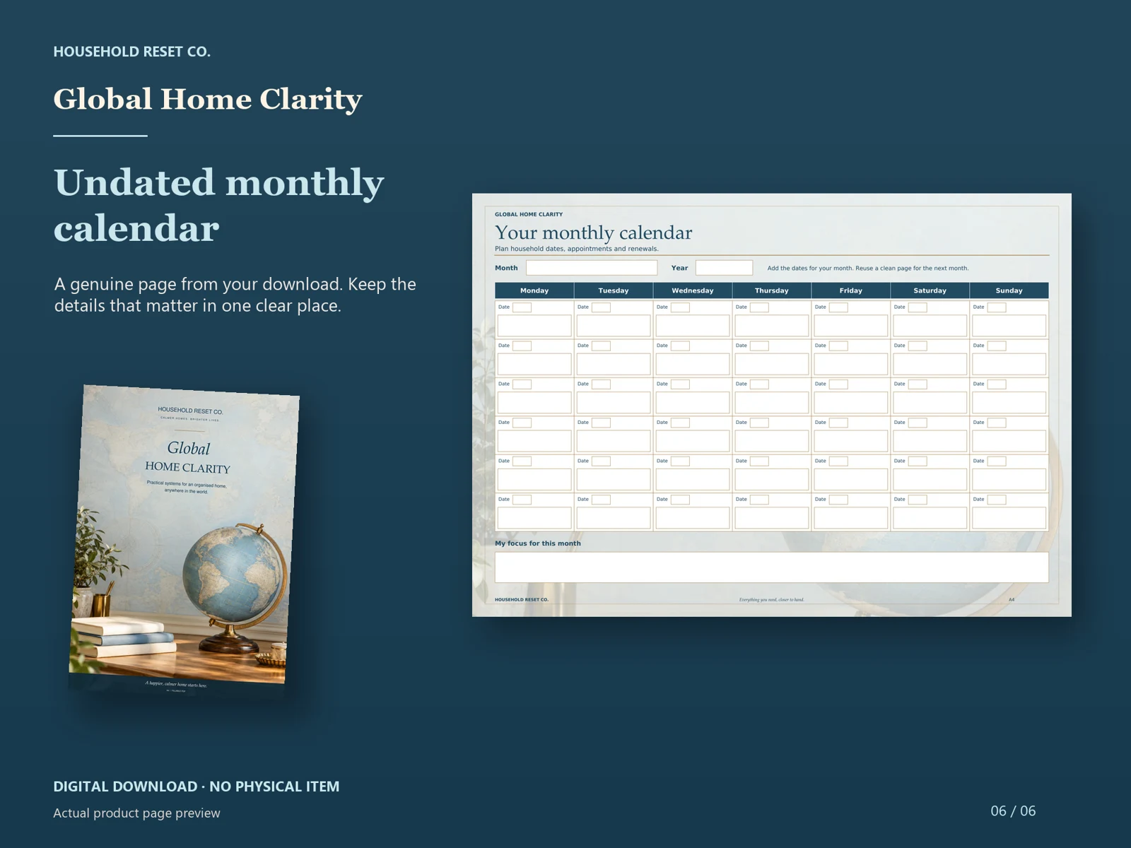 Actual guide page preview showing an undated monthly calendar grid. Shown beside the original cover on a coordinated dark background.