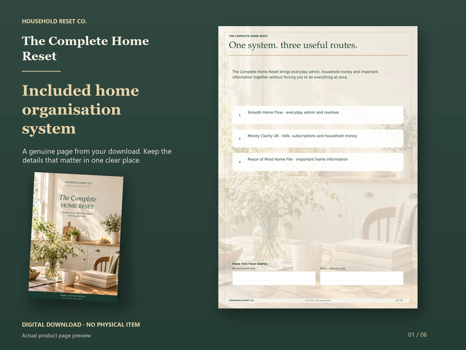 Actual guide page preview showing an overview of the three included home planning guides. Shown beside the original cover on a coordinated dark background.