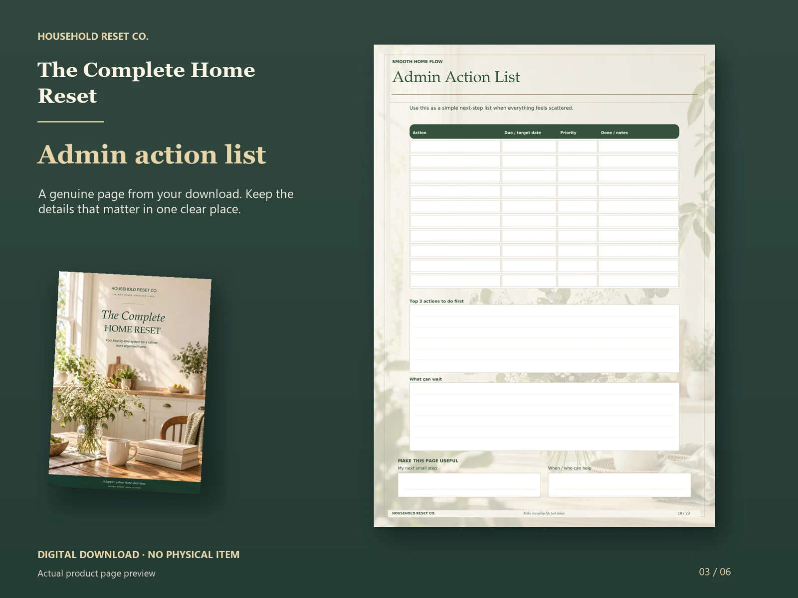 Actual guide page preview showing an admin action table and priorities. Shown beside the original cover on a coordinated dark background.