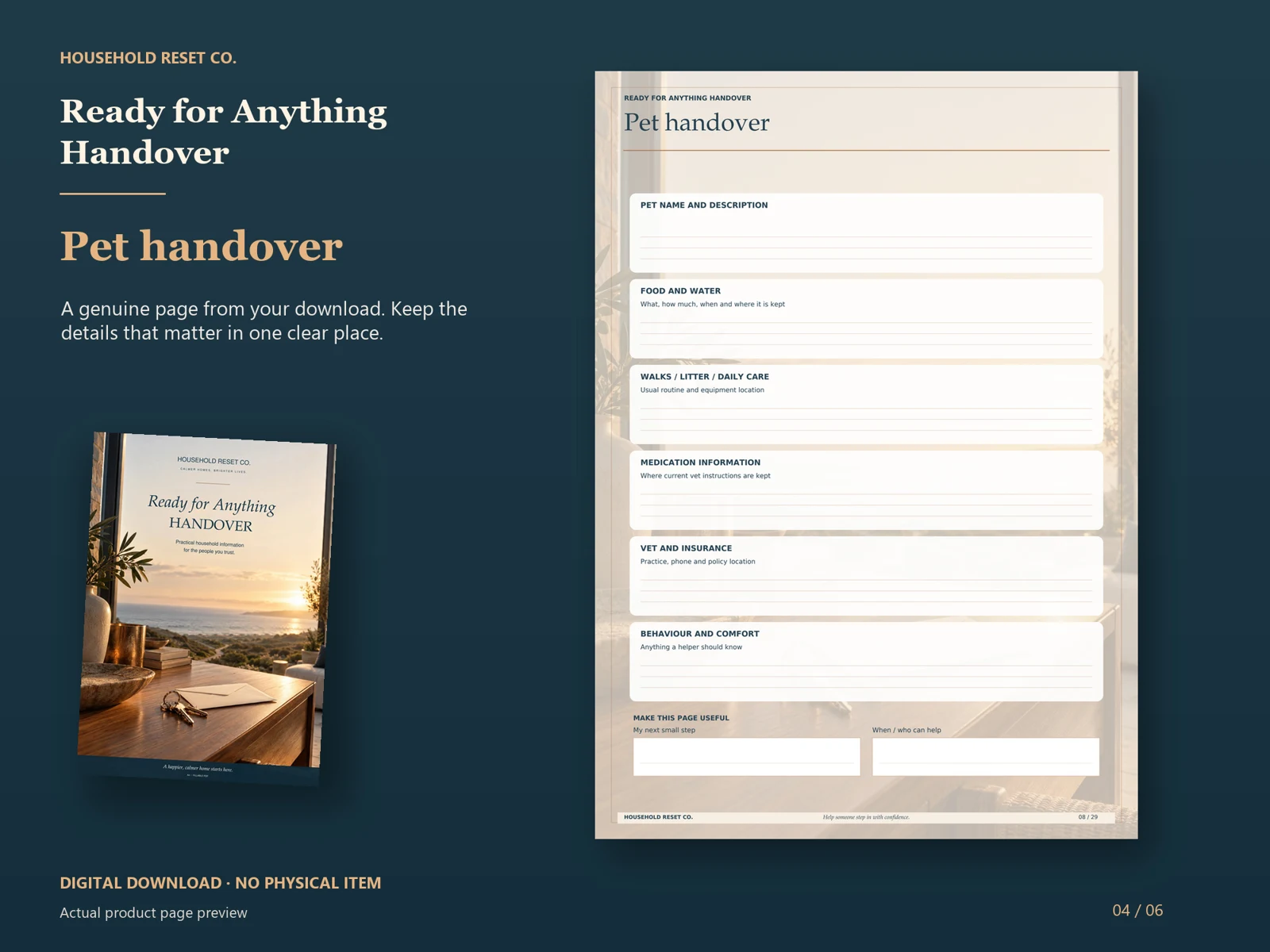Actual guide page preview showing sections for pet details, feeding, daily care, medication and vet contacts. Shown beside the original cover on a coordinated dark background.