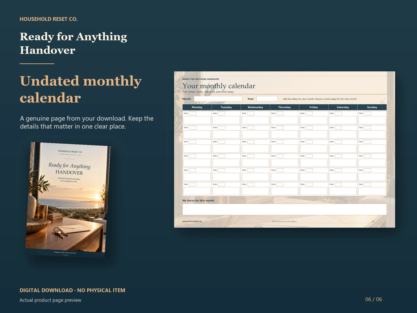Actual guide page preview showing an undated monthly calendar grid. Shown beside the original cover on a coordinated dark background.