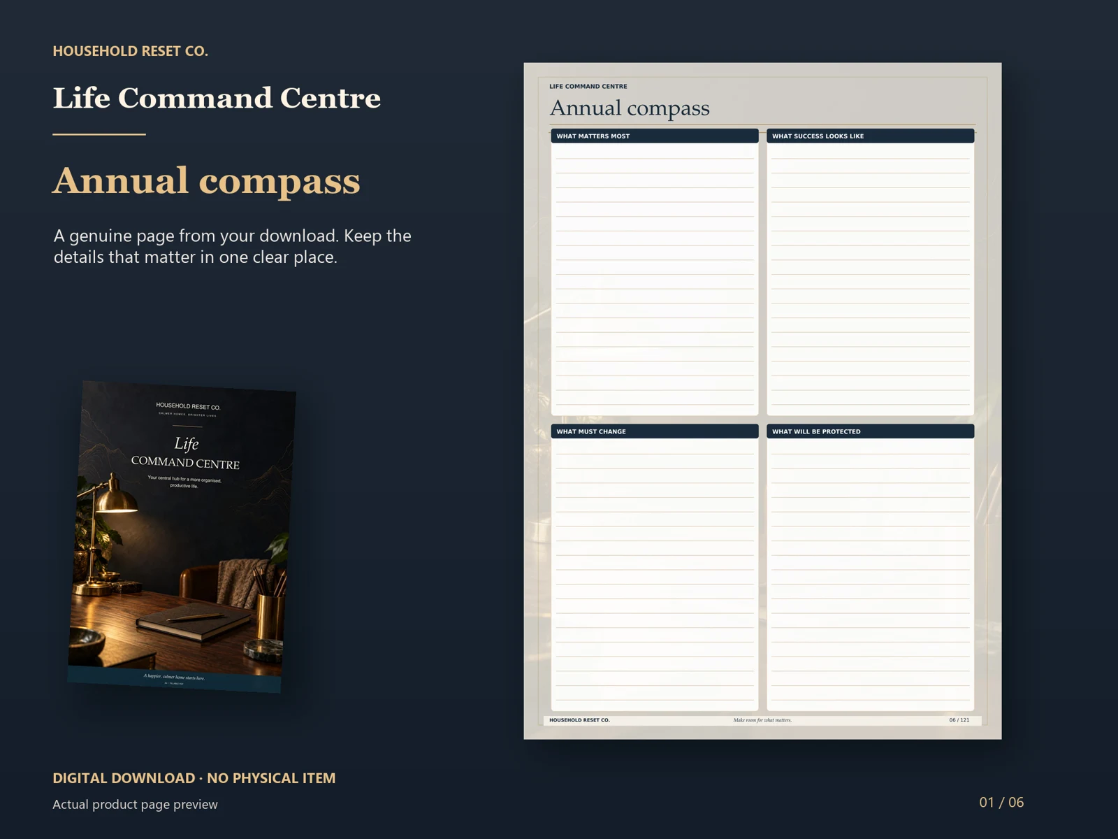 Actual guide page preview showing four lined sections for values, success, change and priorities. Shown beside the original cover on a coordinated dark background.