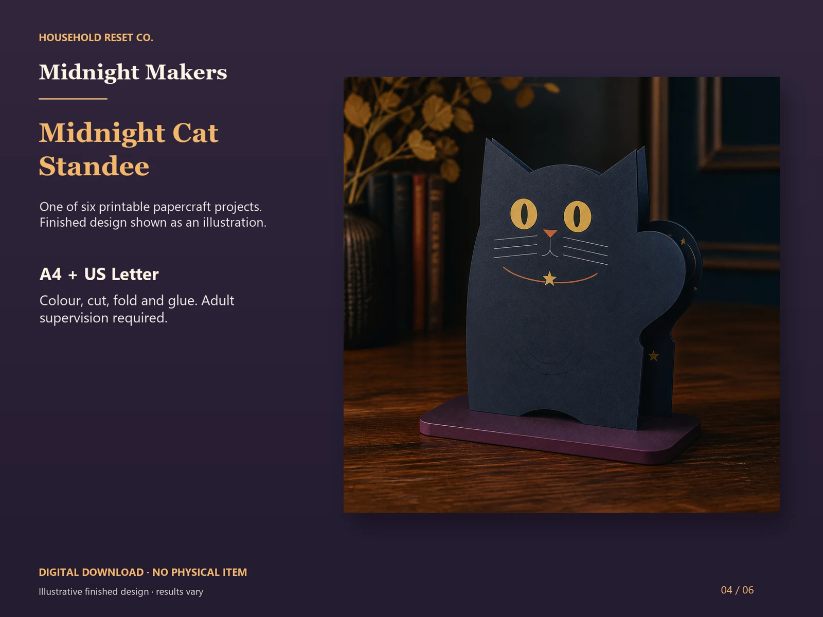 Illustrative preview of a black paper cat with whiskers and a purple base. Digital papercraft; finished results vary.