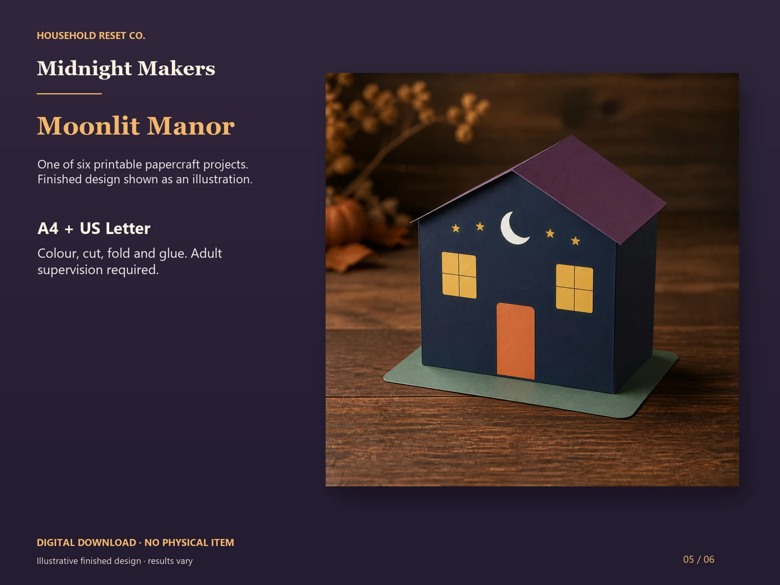 Illustrative preview of a purple-roofed paper haunted house with golden windows. Digital papercraft; finished results vary.