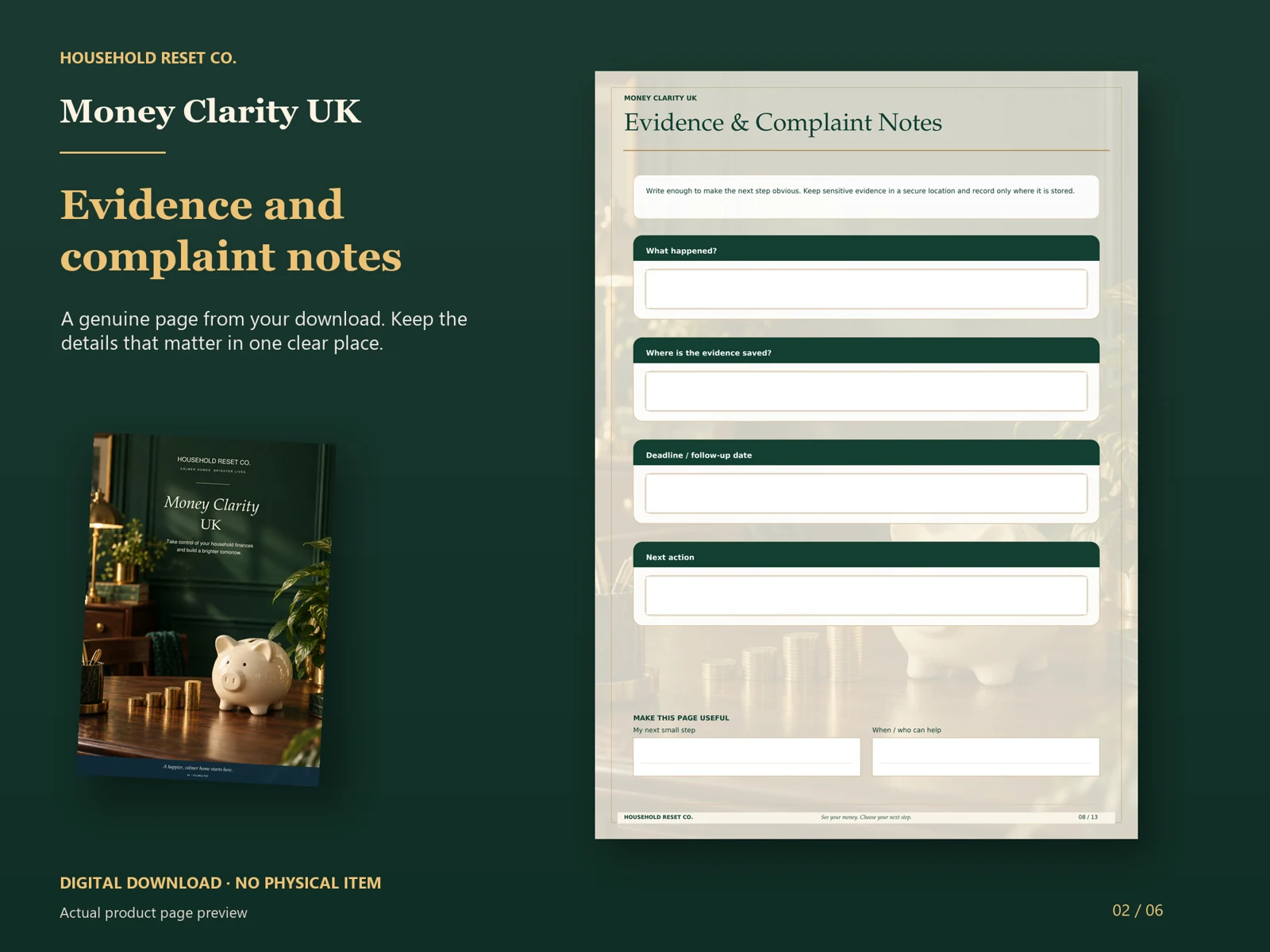 Actual guide page preview showing spaces to record a complaint, evidence, follow-up date and next action. Shown beside the original cover on a coordinated dark background.