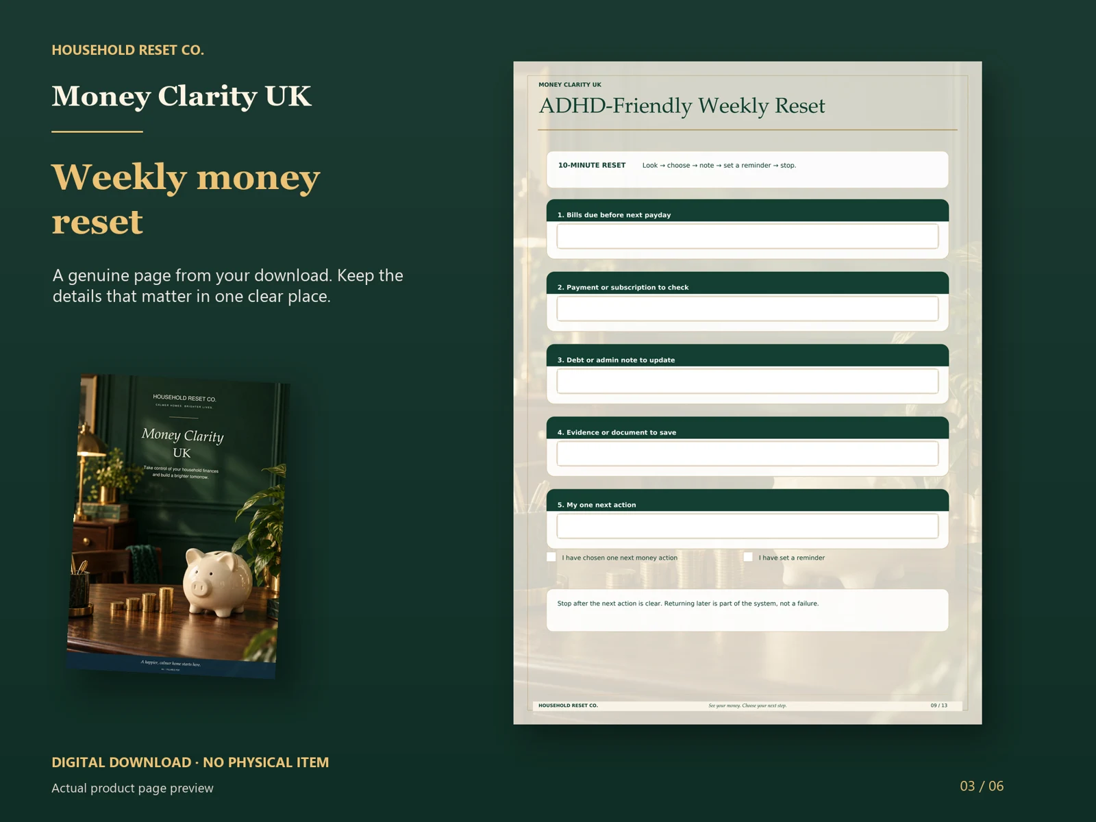 Actual guide page preview showing five short weekly money checks and a notes area. Shown beside the original cover on a coordinated dark background.