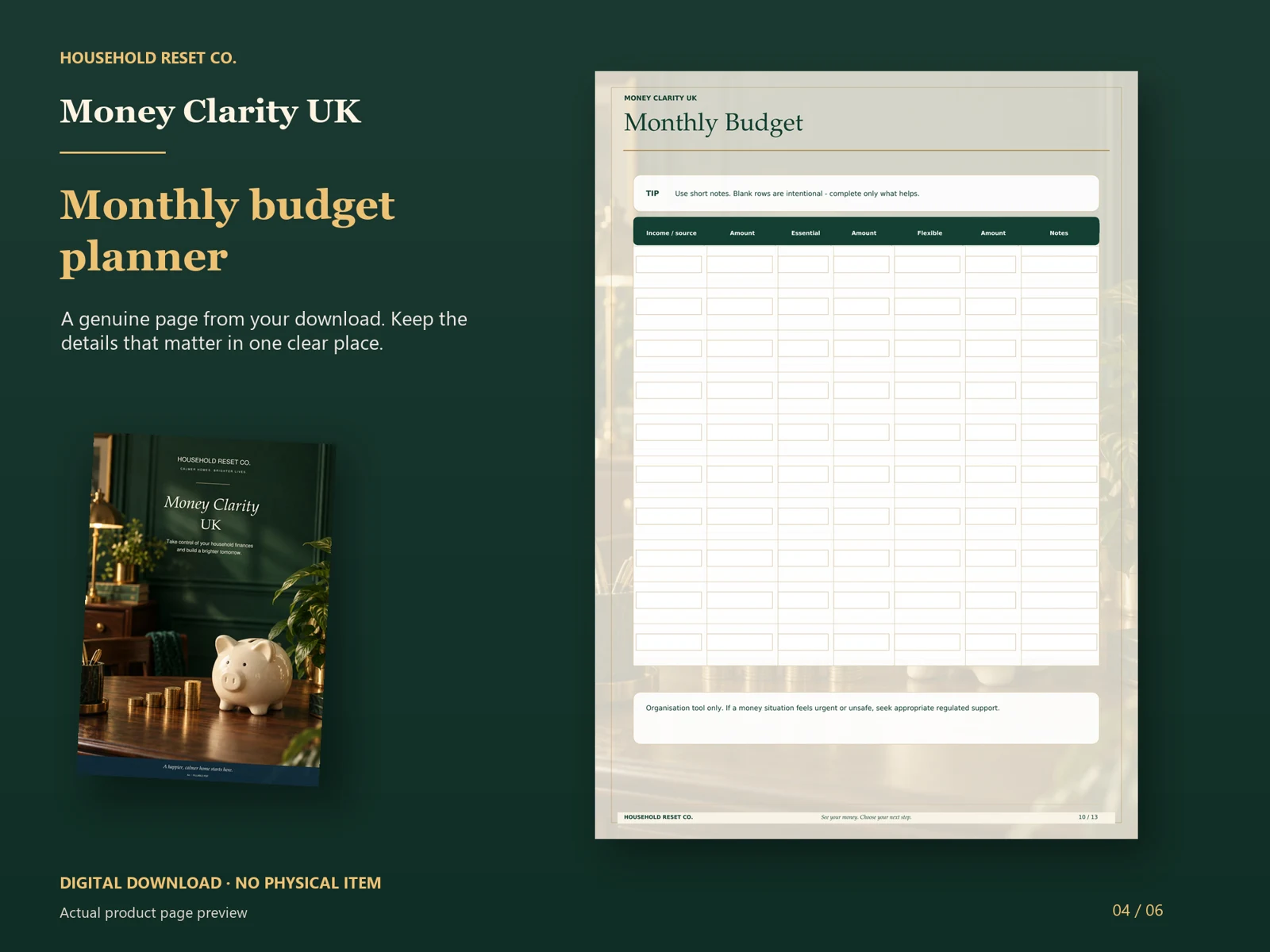 Actual guide page preview showing a monthly budget table for income, expenses, actual amounts and notes. Shown beside the original cover on a coordinated dark background.