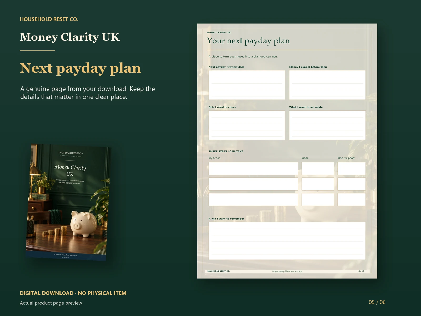Actual guide page preview showing spaces for a payday review, expected bills and three next steps. Shown beside the original cover on a coordinated dark background.