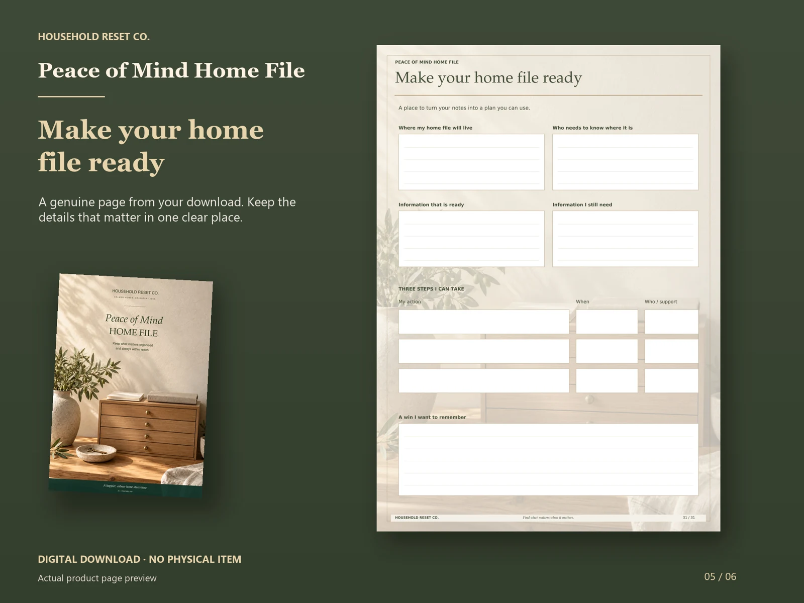 Actual guide page preview showing spaces for file location, missing information and three next steps. Shown beside the original cover on a coordinated dark background.