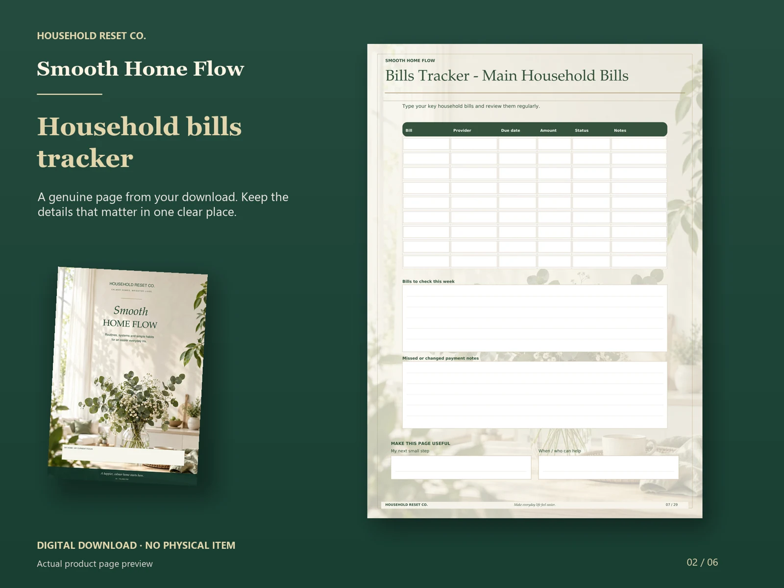 Actual guide page preview showing a bills table with provider, amount, due date and payment method columns. Shown beside the original cover on a coordinated dark background.