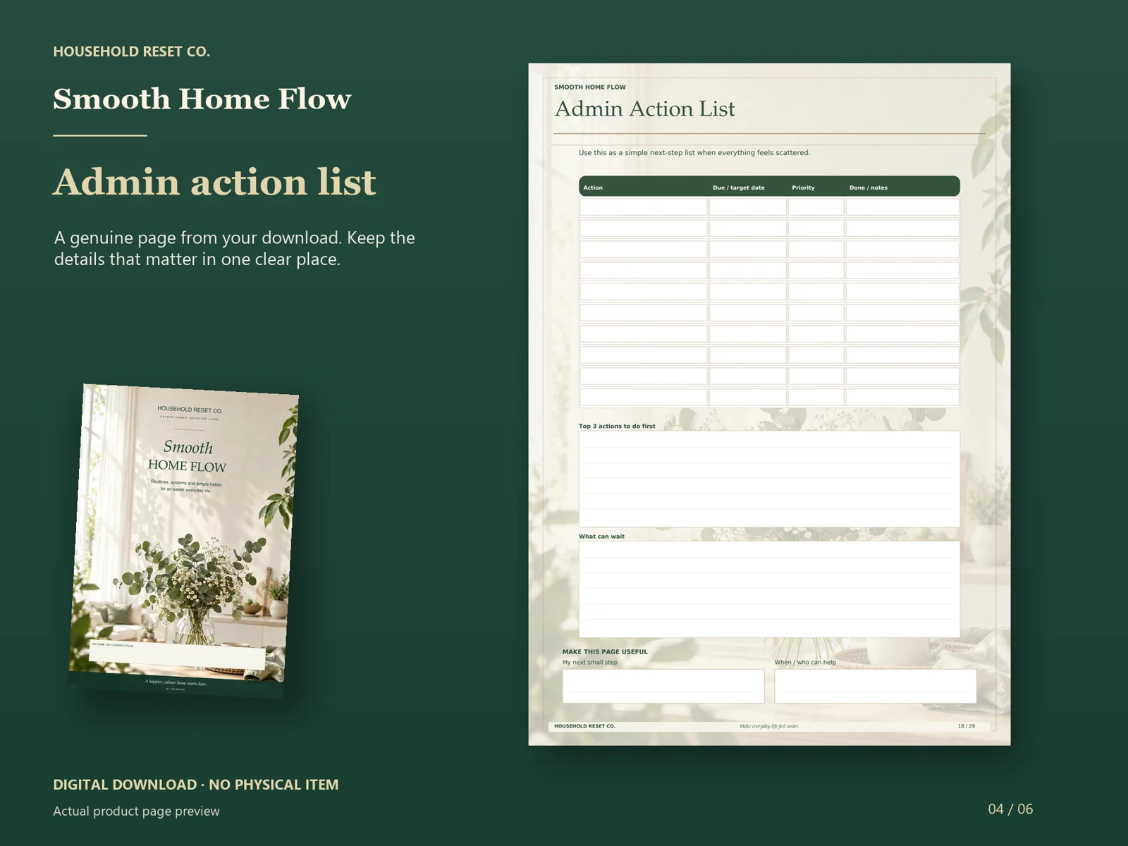 Actual guide page preview showing an action table with priorities and notes. Shown beside the original cover on a coordinated dark background.